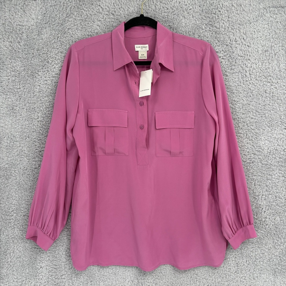 NNWT Club Monaco 100% Silk Safari Shirt Azalea Pink Long Sleeve Blouse Size M
